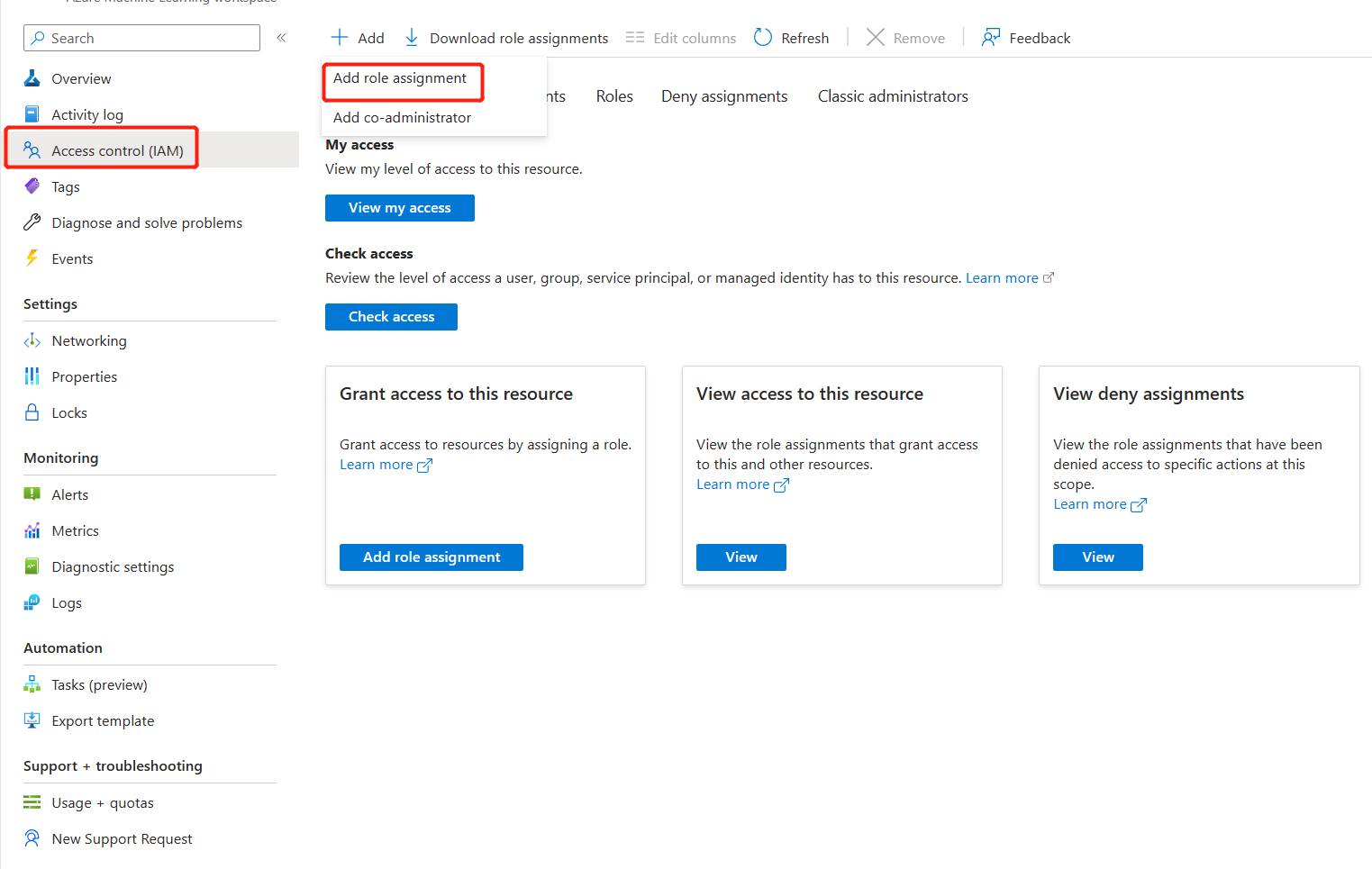 访问控制的屏幕截图突出显示了添加角色分配。