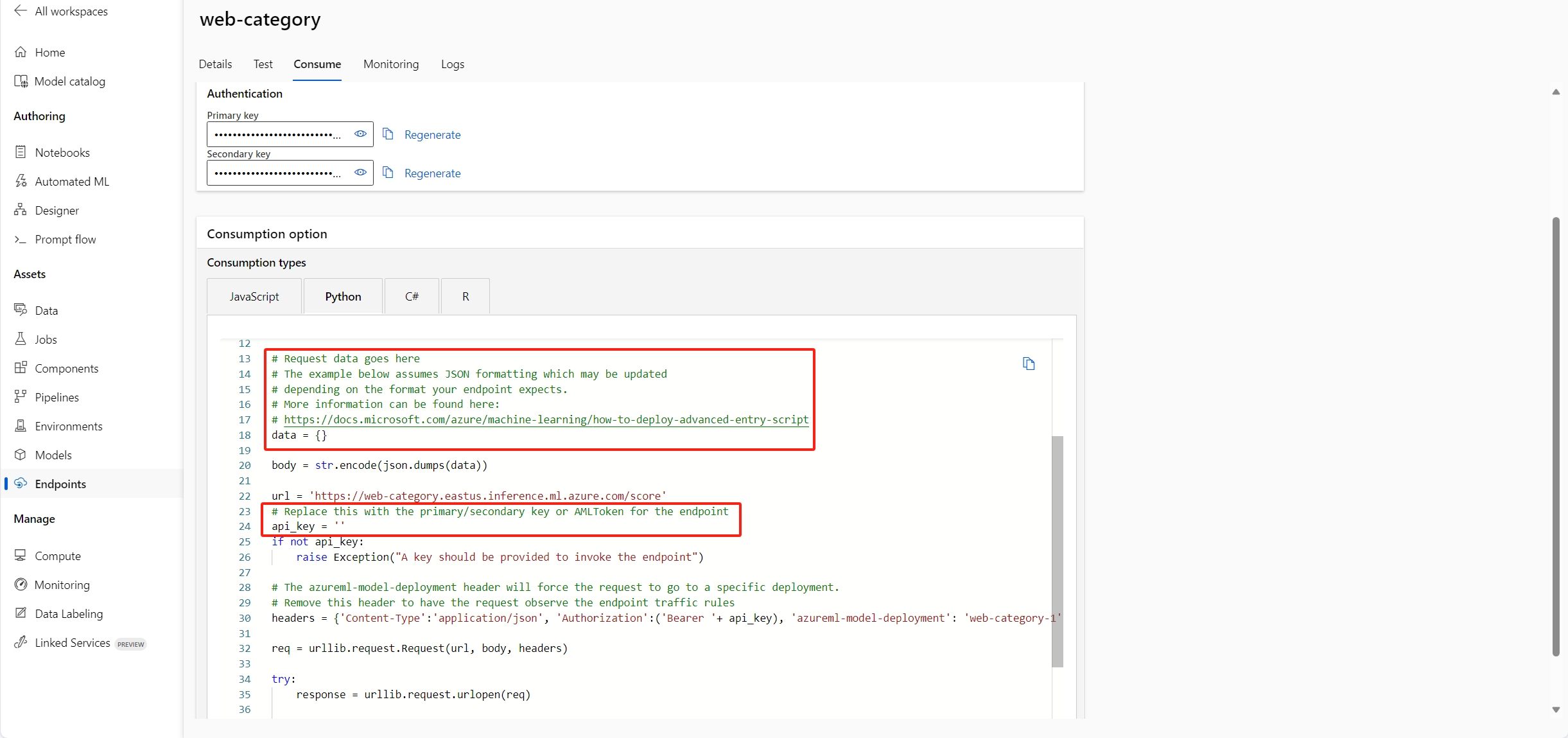 终结点详细信息页的屏幕截图,其中包含使用代码。
