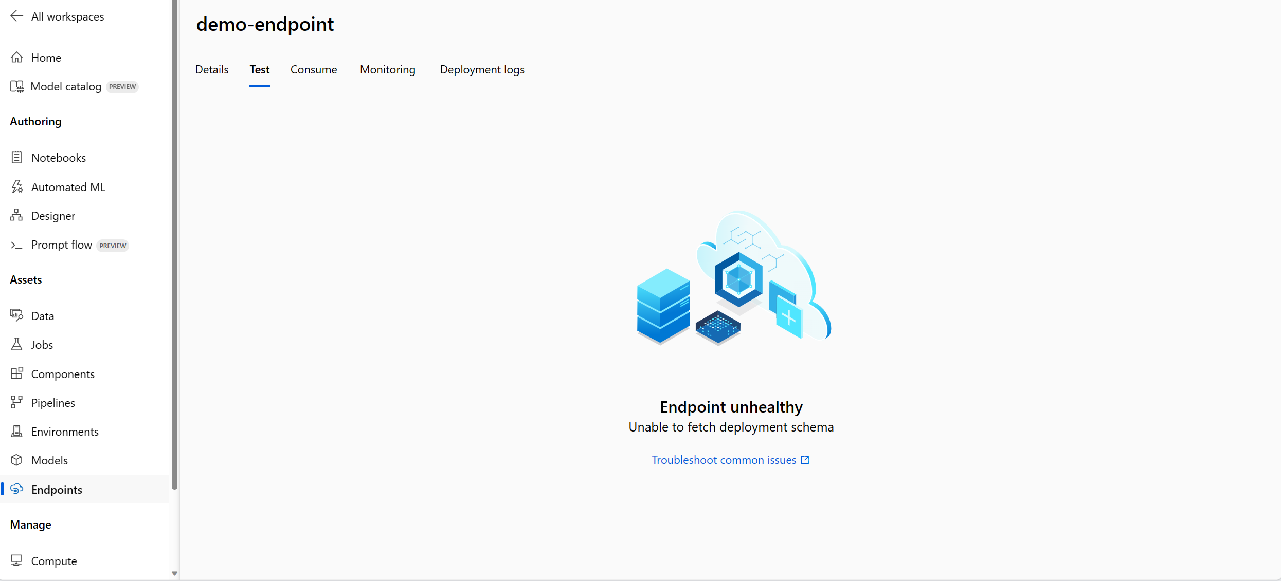 无法在终结点详细信息页的“测试”选项卡提取部署架构这一错误的屏幕截图。