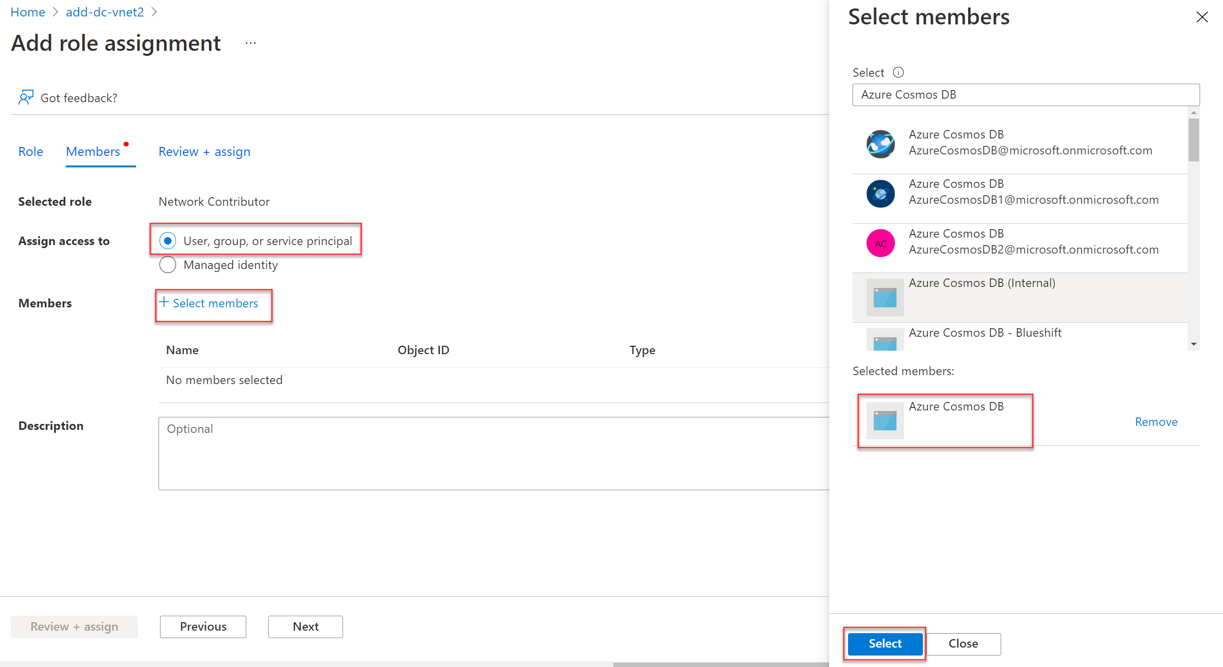 显示选择 Azure Cosmos DB 服务主体的屏幕截图。