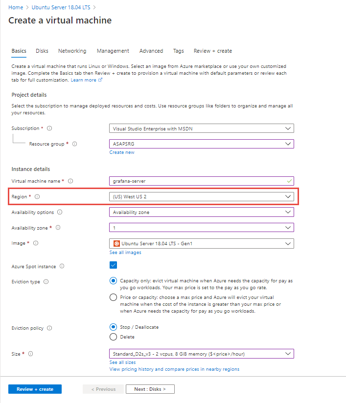 显示填写表单以使用 Ubuntu 服务器映像创建 VM 的屏幕截图。