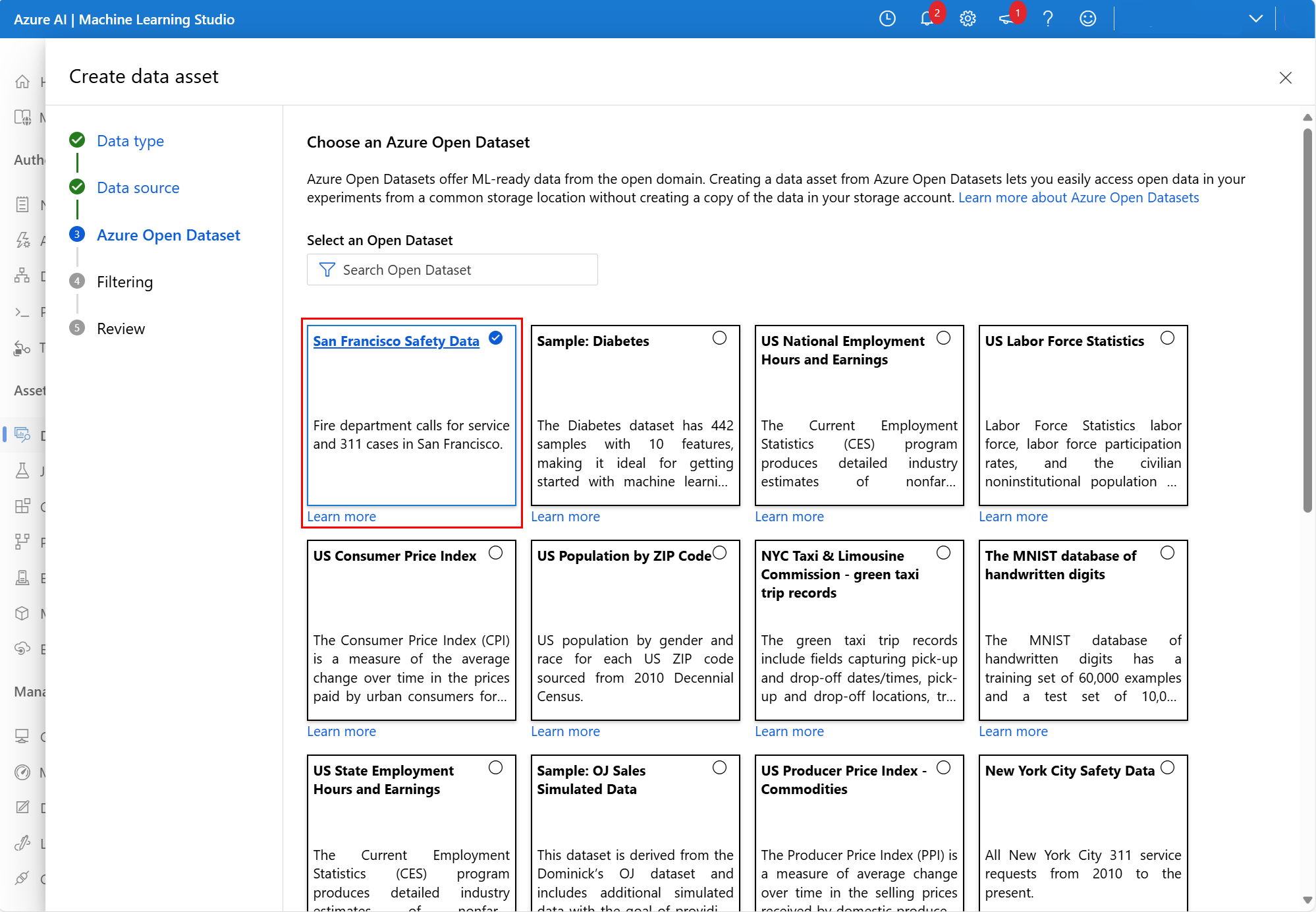 显示选择“美国劳动力统计信息”数据集的屏幕截图。