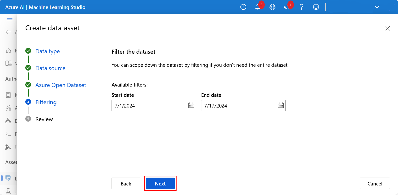 显示选择筛选器值并选择“下一步”按钮的屏幕截图。