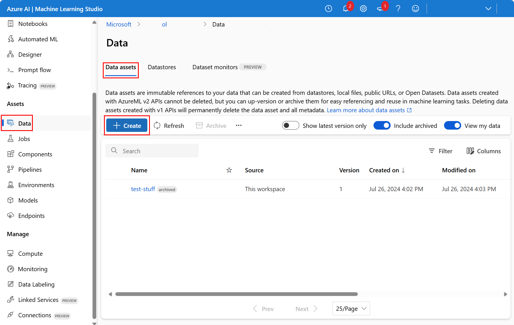 显示“数据资产”选项卡上的“创建”控件的屏幕截图。