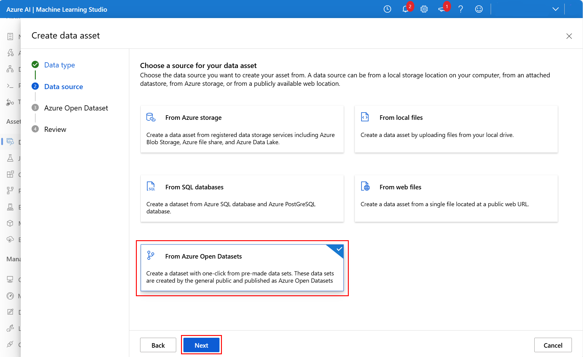 显示选择“从 Azure 开放数据集”选项的屏幕截图。