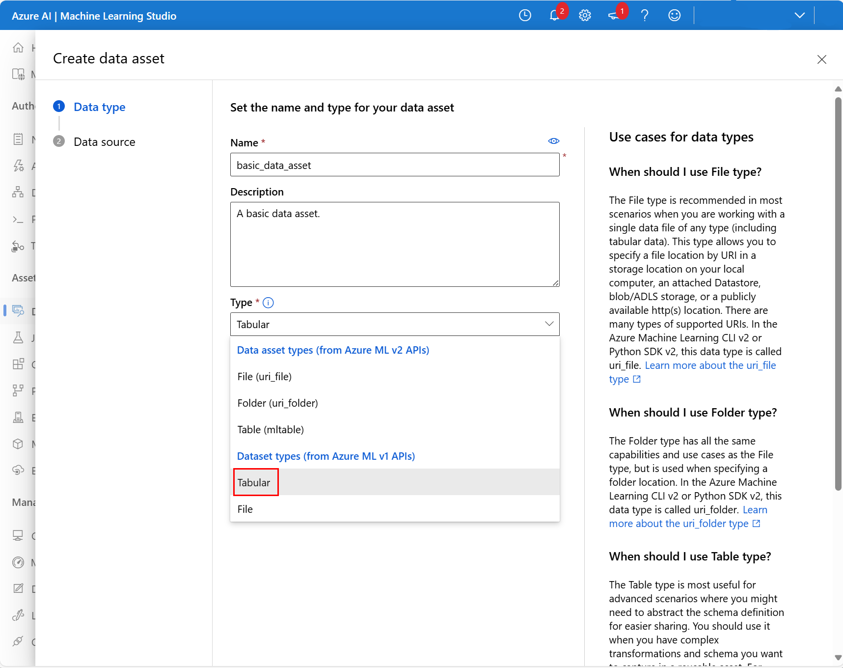 显示在“类型”下拉列表中选择“表格”选项的屏幕截图。