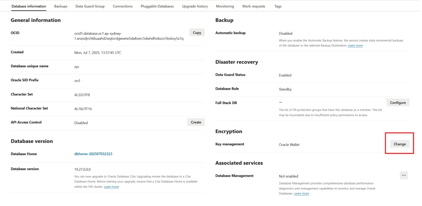 显示在 OCI 控制台中更改密钥管理的位置的屏幕截图。