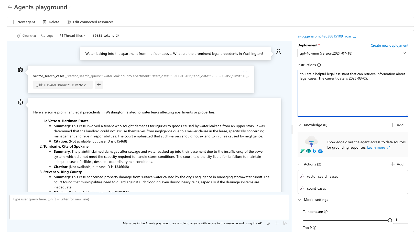 在 Agent Playground 中显示查询结果的屏幕截图。