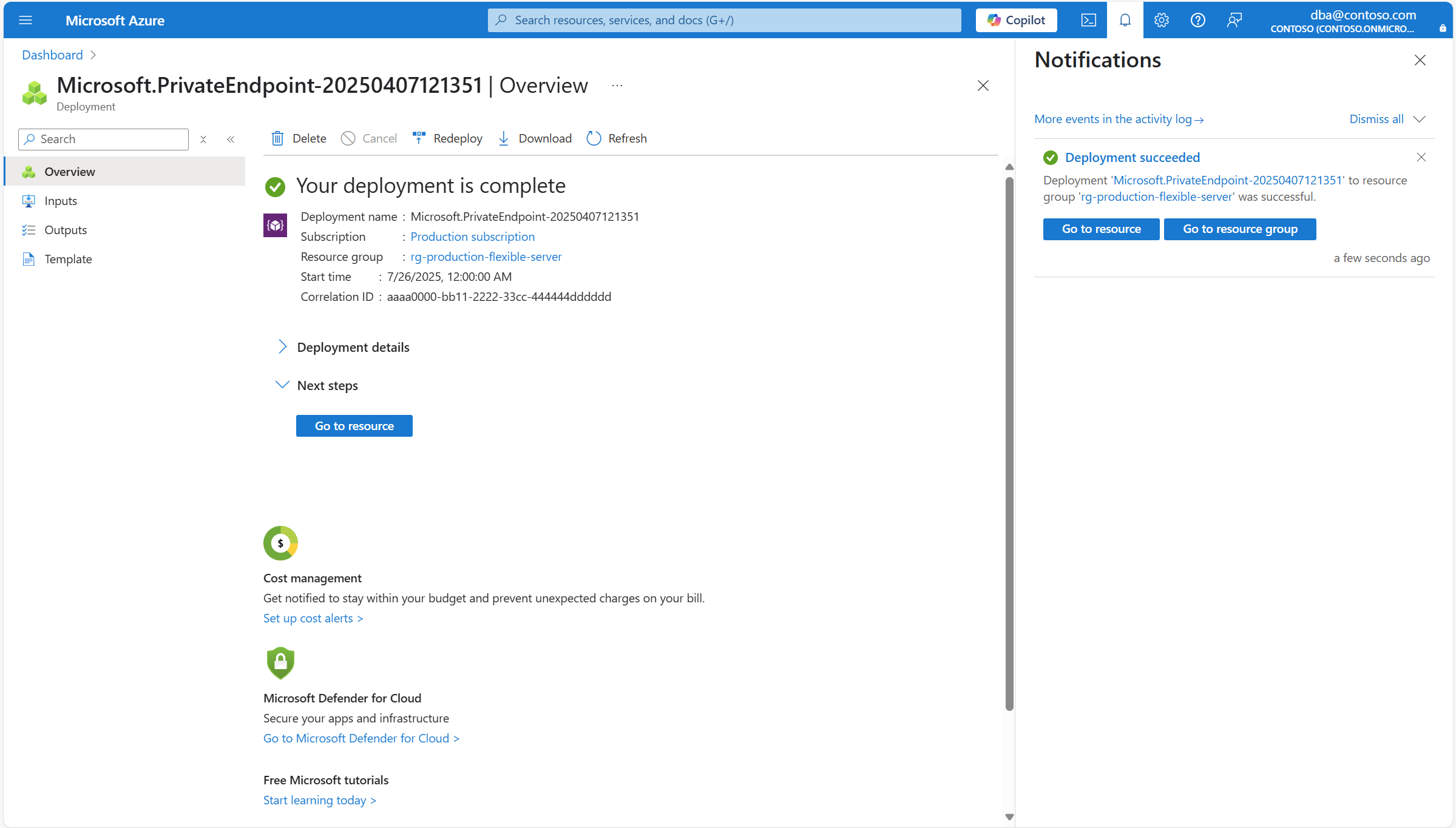 显示成功部署专用终结点的屏幕截图。