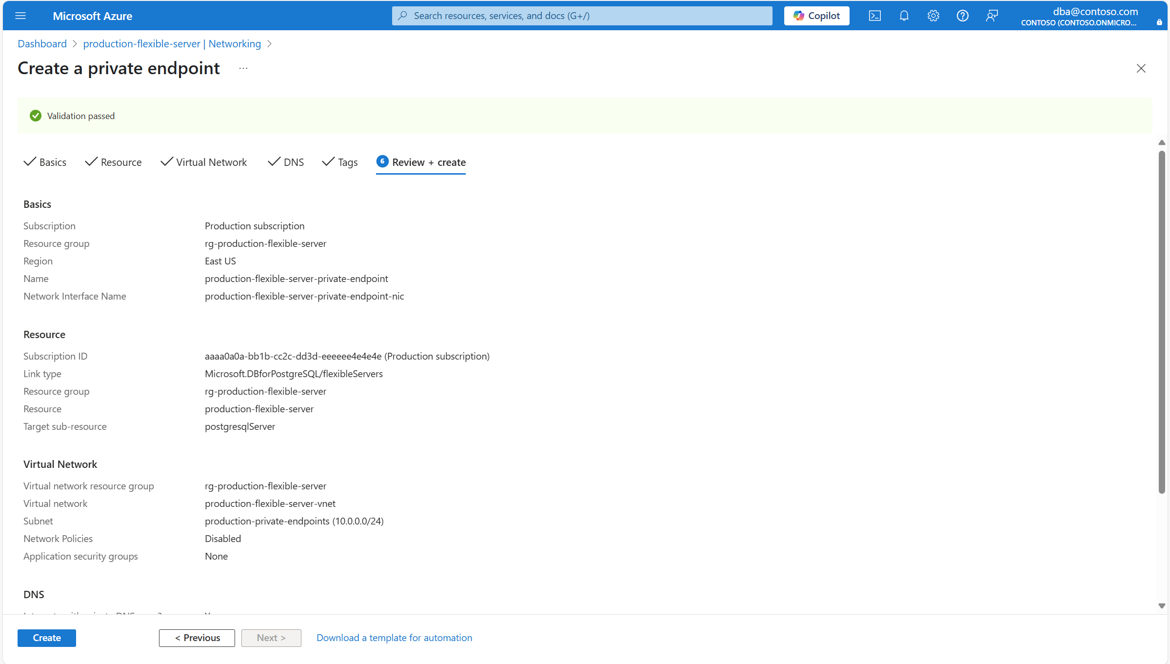 显示“创建专用终结点”的“查看 + 创建”页的屏幕截图。