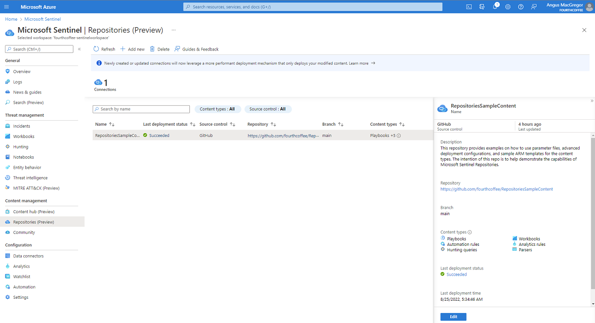 成功的存储库连接的屏幕截图。其中显示了 RepositoriesSampleContent。此屏幕截图是在示例从 SentinelCICD 存储库导入到 FourthCoffee 组织中的专用 GitHub 存储库之后截取的。