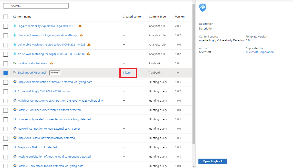 解决方案中类型为 playbook 的内容类型的屏幕截图。
