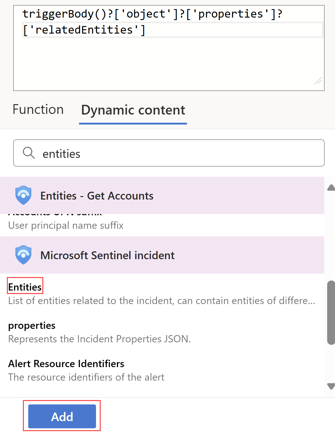 在逻辑应用设计器中选择“实体”值的屏幕截图。