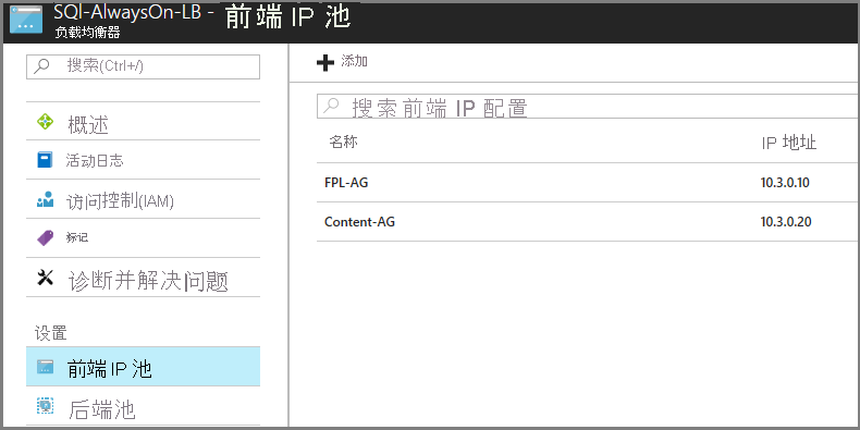 标题为“SQL-AlwaysOn-LB - 前端 IP 池”的窗口的屏幕截图。