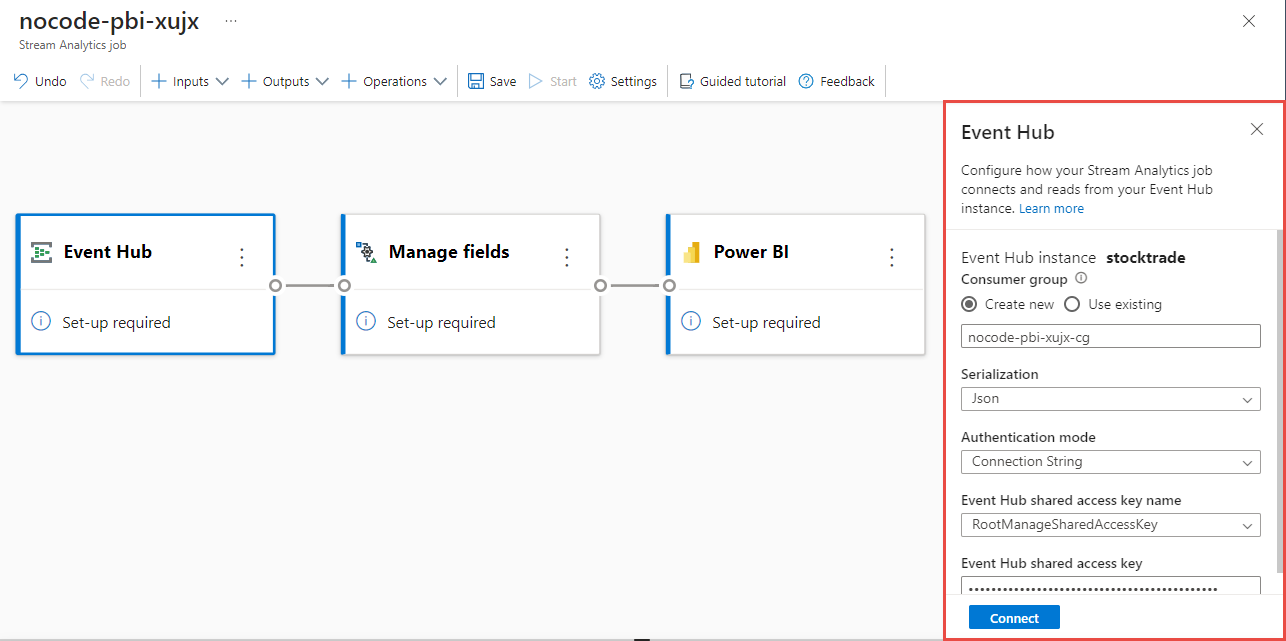显示事件中心连接配置的屏幕截图。