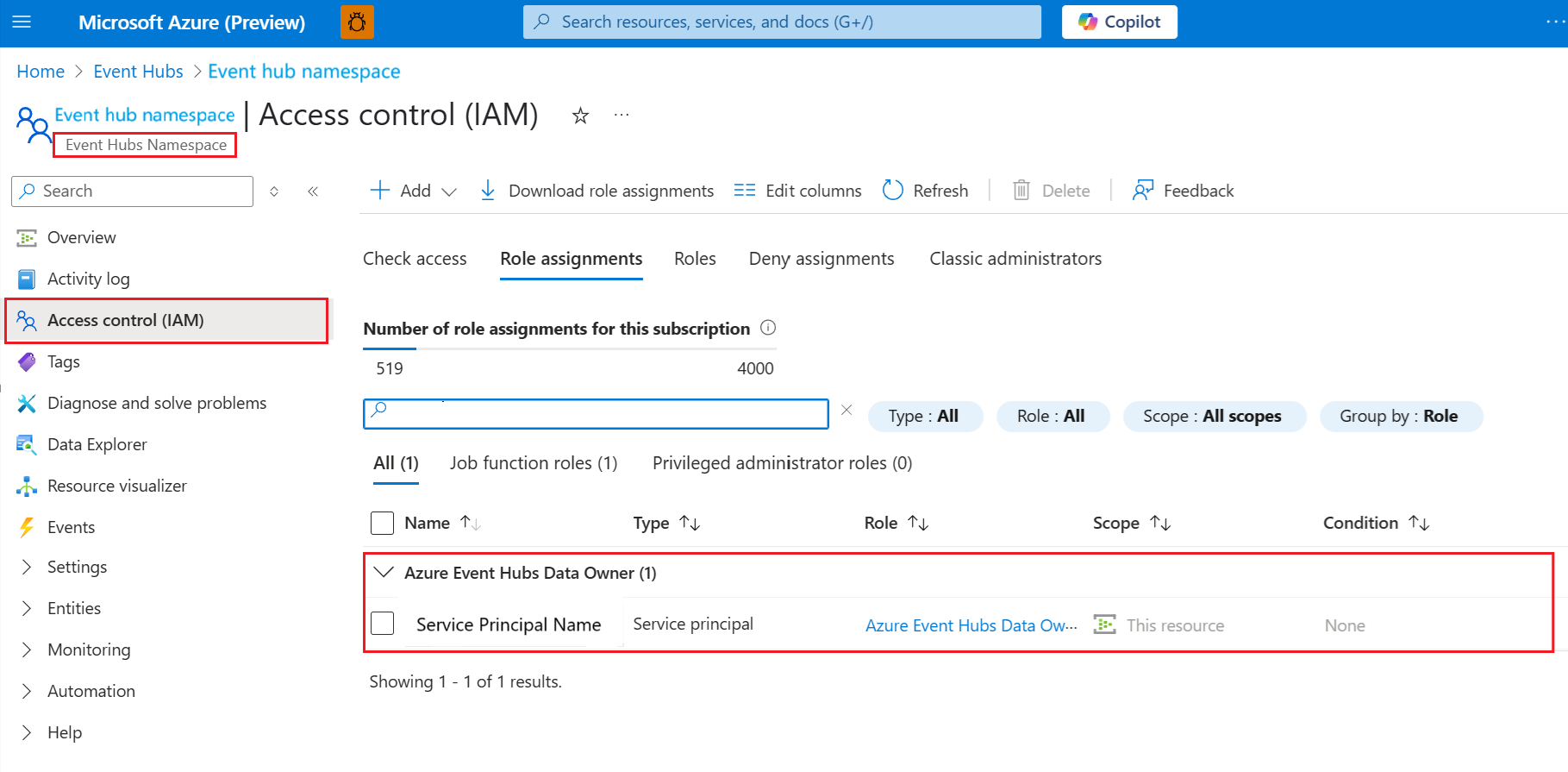 显示分配 Azure 事件中心数据发送者角色的屏幕截图。