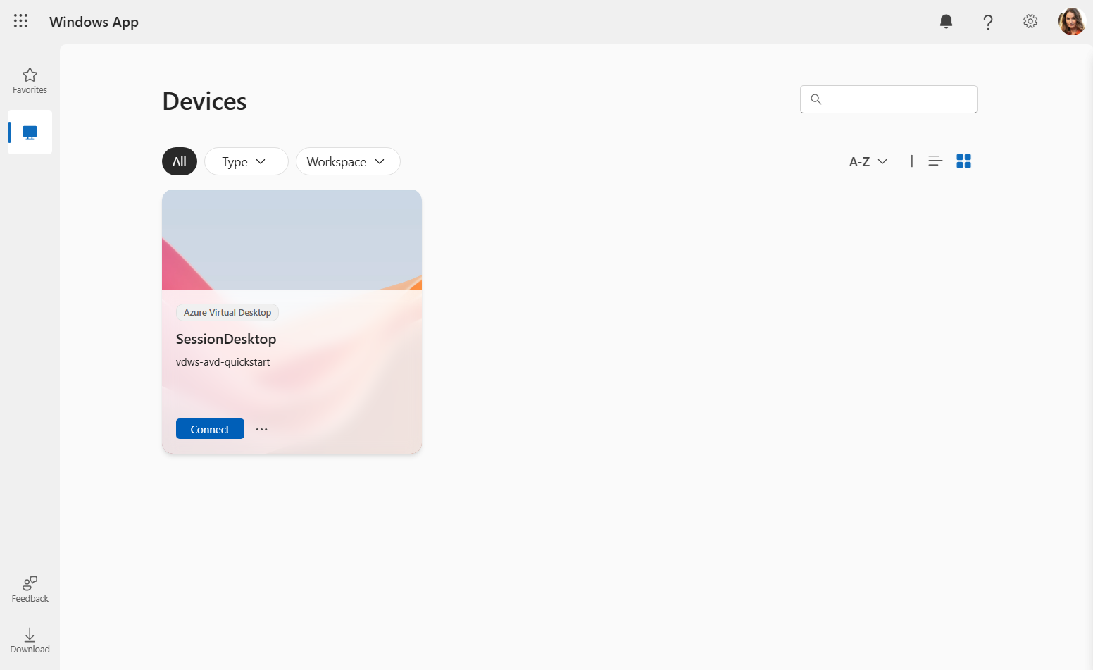 显示 Web 浏览器中Windows App的“设备”选项卡的屏幕截图，其中使用快速入门部署了 SessionDesktop。