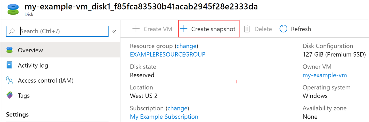 屏幕截图。磁盘的边栏选项卡,其中突出显示了“+创建快照”****,因为这是必选的。