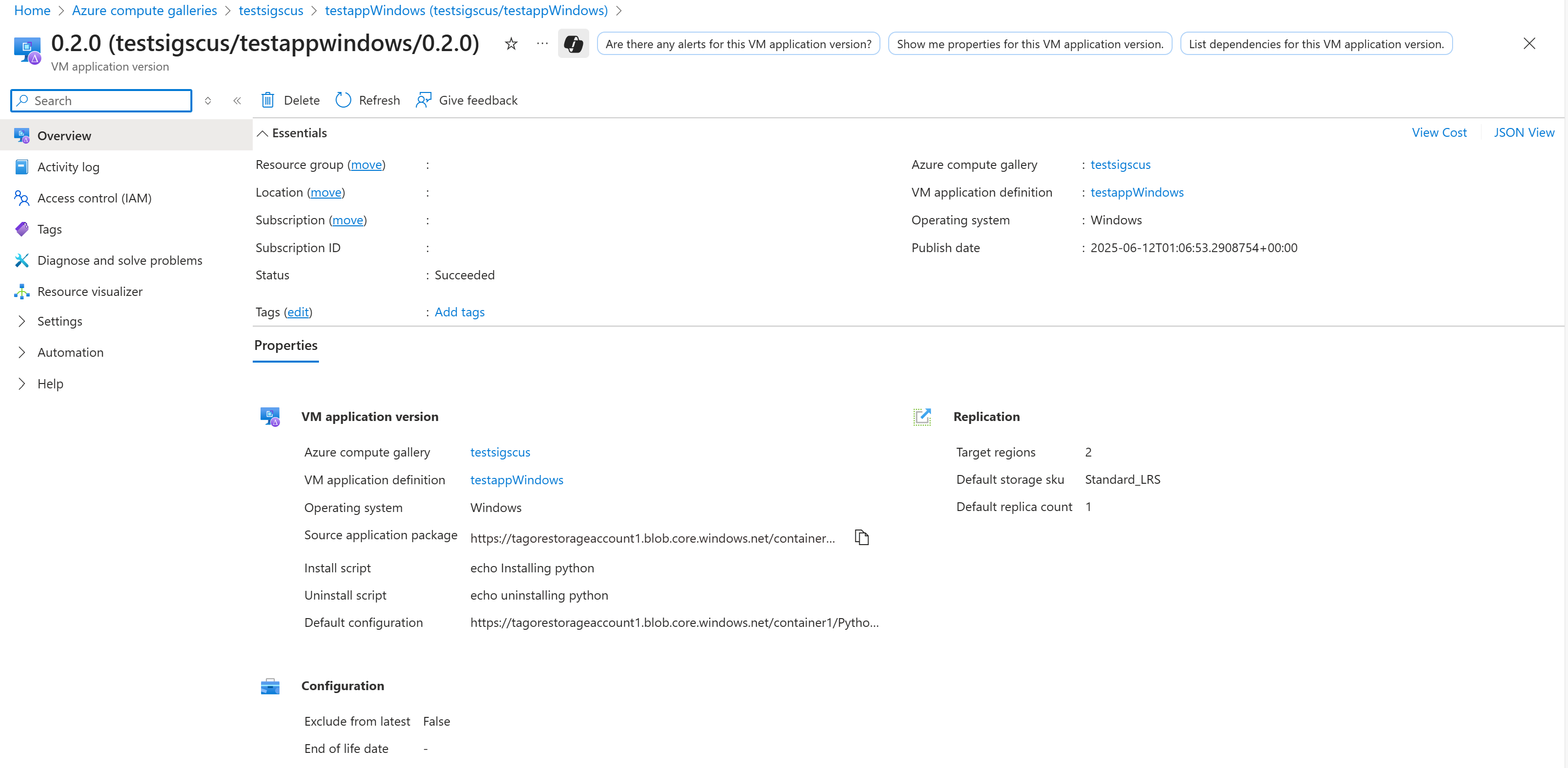 显示 Azure 门户中 VM 应用程序版本属性的屏幕截图。