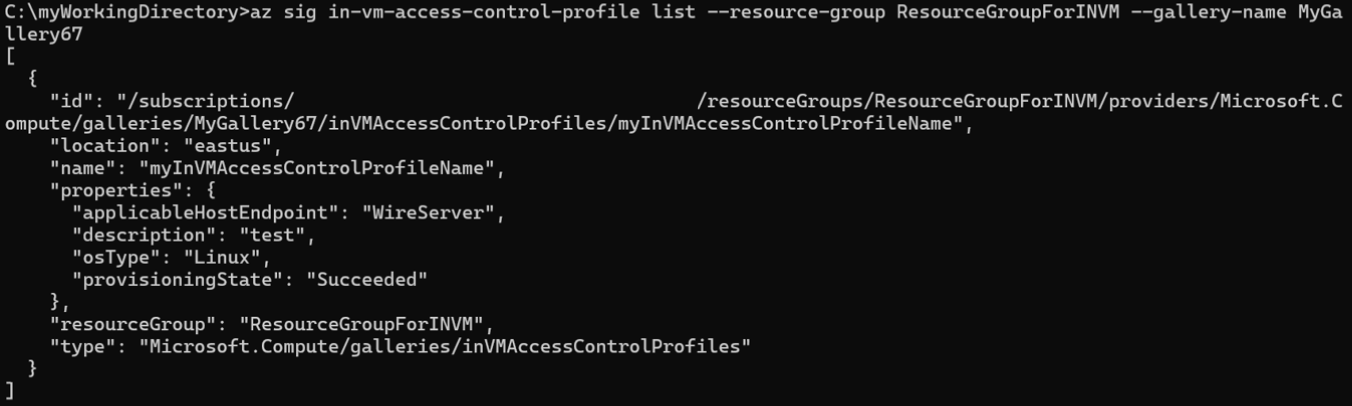 显示特定图库下所有 InVMAccessControlProfile 工件的列表命令屏幕截图