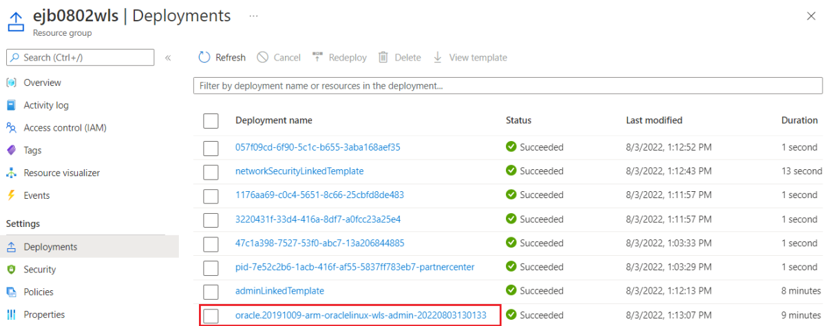 屏幕截图:Azure 门户,其中显示了资源组部署列表。