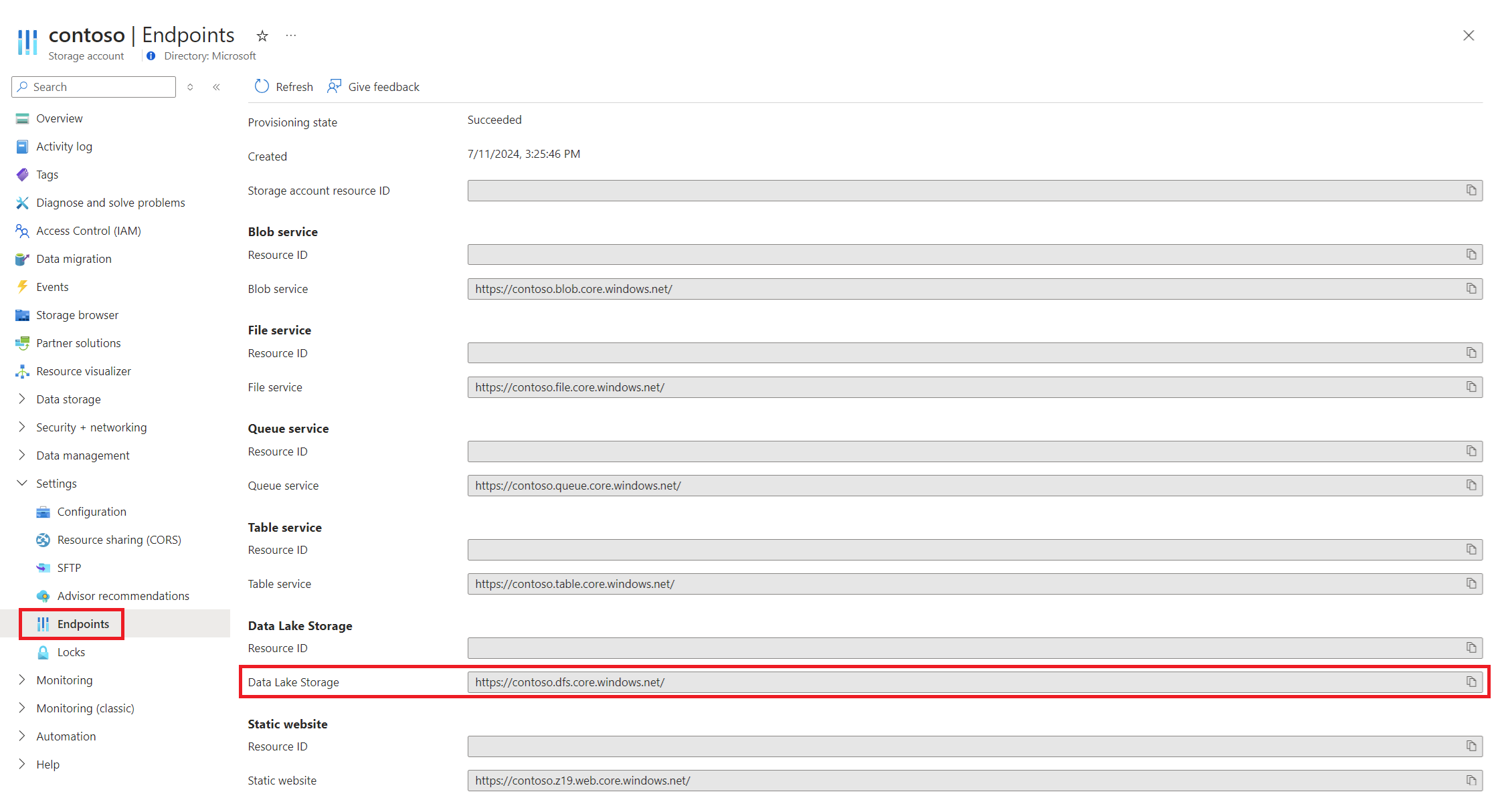 显示存储帐户的“终结点”页的屏幕截图。