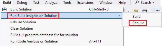 主菜单的屏幕截图，其中选择了“选择时运行 Build Insights”>“重新生成”。