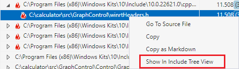 屏幕截图显示右键单击“包含的文件”视图中的文件。突出显示了“在包含树视图中显示”的菜单选项。