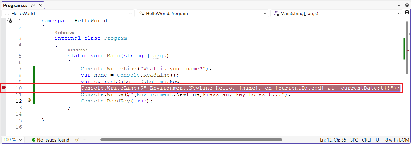 设置断点后的 Visual Studio 程序窗口
