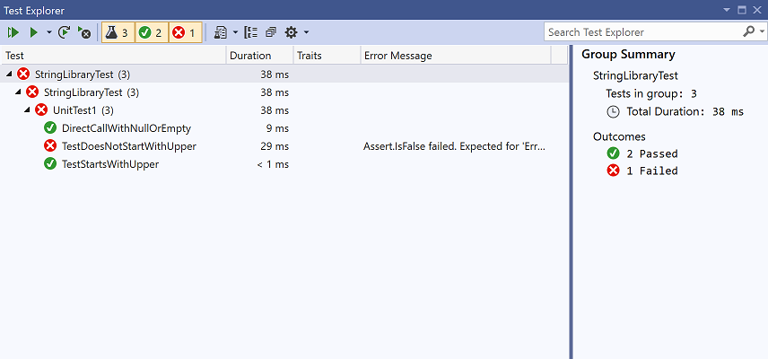 未通过测试的“测试资源管理器”窗口