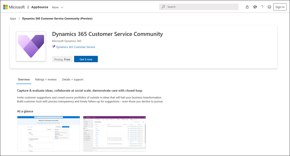 Microsoft AppSource Dynamics 365 客户服务社区下载页。