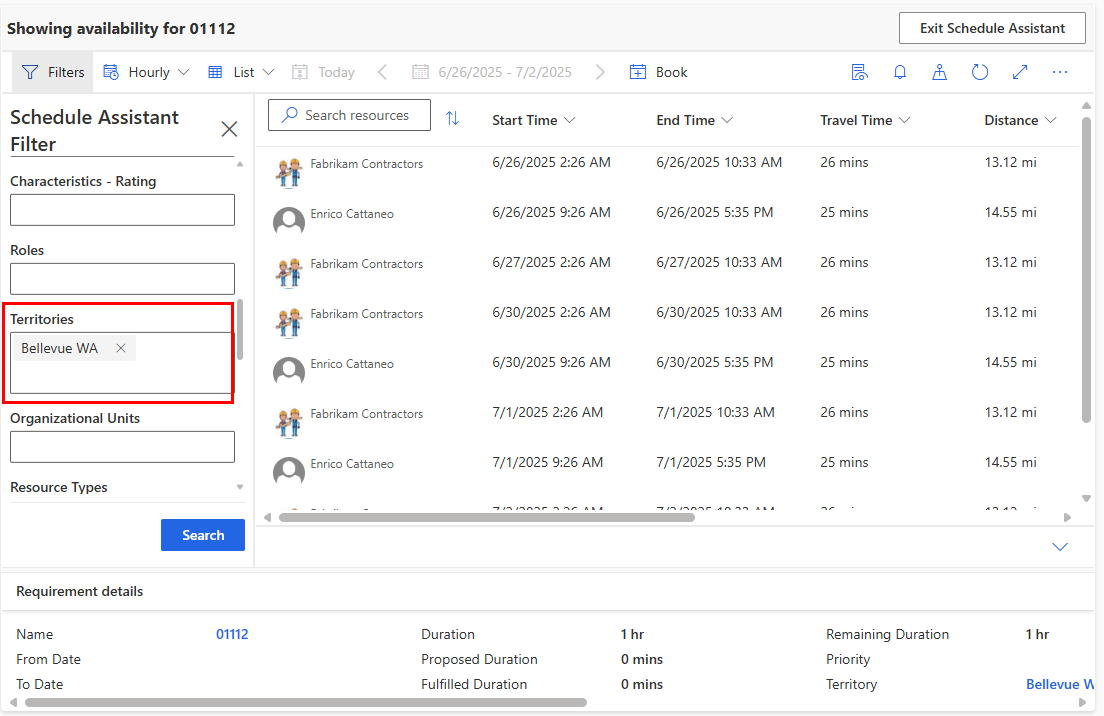 计划助理的屏幕截图，其中显示了按区域筛选的资源列表。