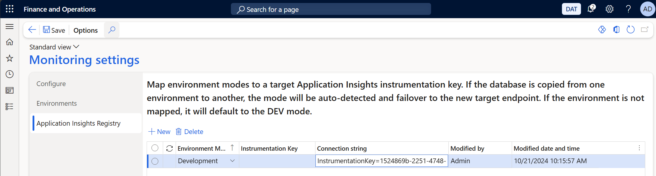 Screenshot that shows an environment mode being added on the Application Insights Registry tab of the Monitoring settings page.
