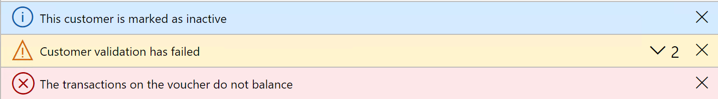 Screenshot showing info, warning/checkfailed, and error messages.