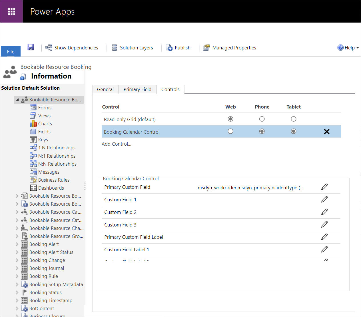 Screenshot of the Editing booking calendar control properties in Power Apps.