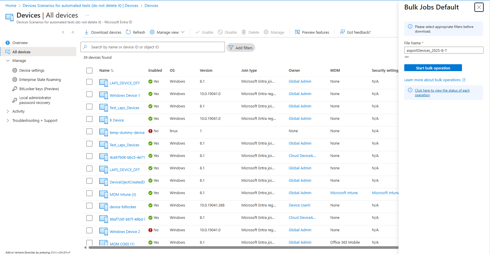 “所有设备”页的屏幕截图，其中“批量操作已打开”和“下载设备”选项处于选中状态。