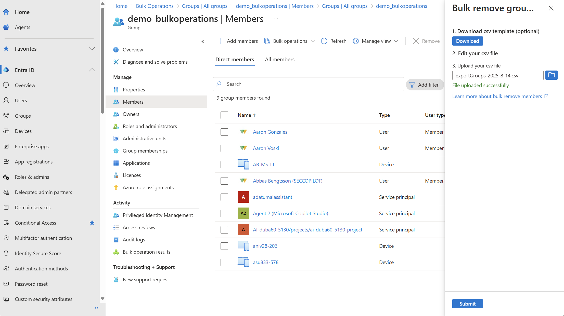 用于删除包含要处理 ObjectId 值的成员的示例 CSV 的屏幕截图。