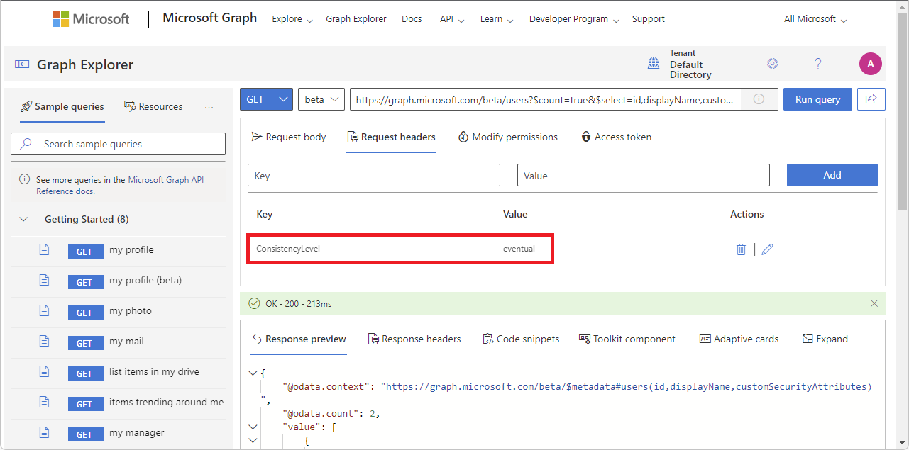 Graph 浏览器的屏幕截图,其中添加了 ConsistencyLevel 标头。