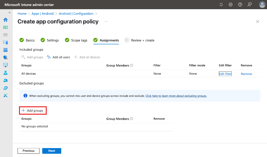 “分配”选项卡上“创建应用配置策略”的屏幕截图。