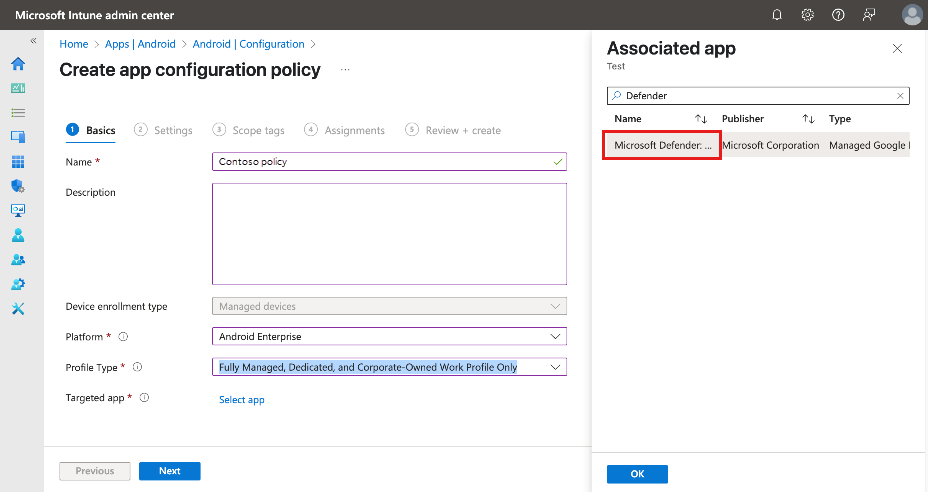 “基本信息”选项卡上“创建应用配置策略”的屏幕截图。