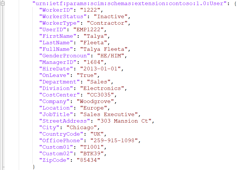 自定义架构下用户详细信息的屏幕截图。