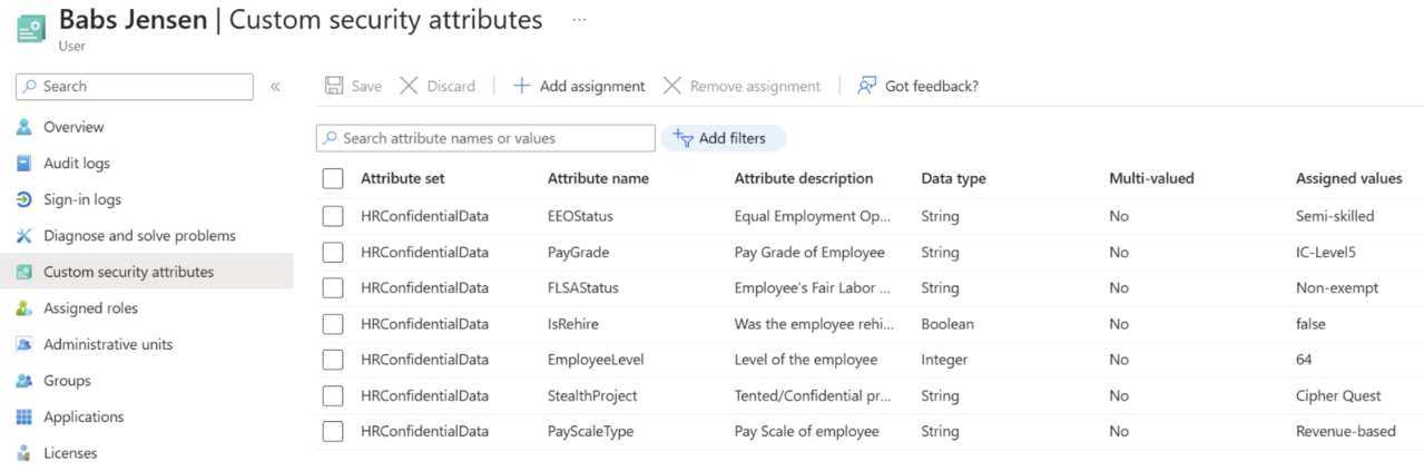 用户的“自定义安全属性”屏幕的屏幕截图。