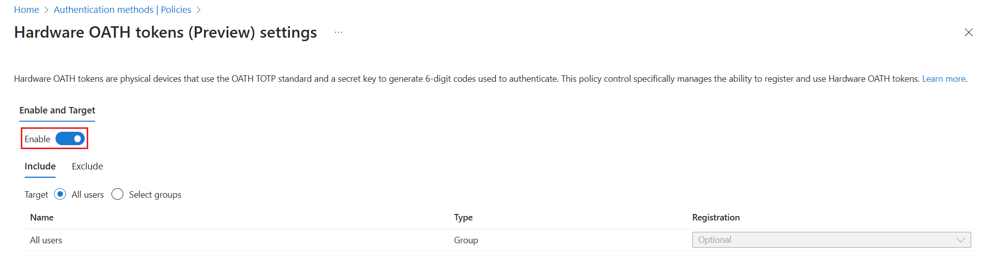如何在 Microsoft Entra 管理中心中启用硬件 OATH 令牌的屏幕截图。