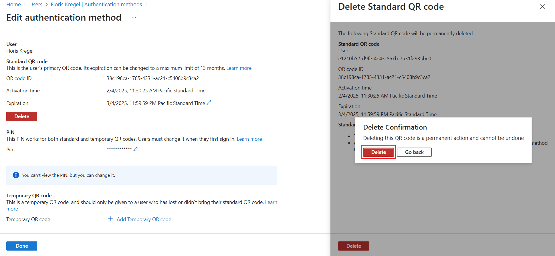 显示如何删除 QR 码的屏幕截图。