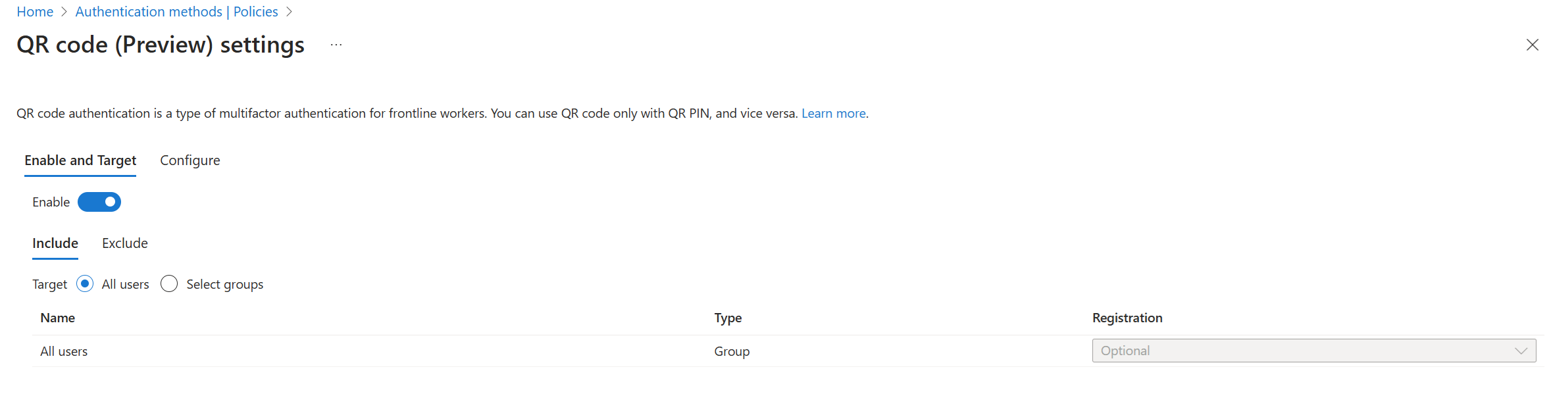 显示如何为组织启用 QR 码的屏幕截图。