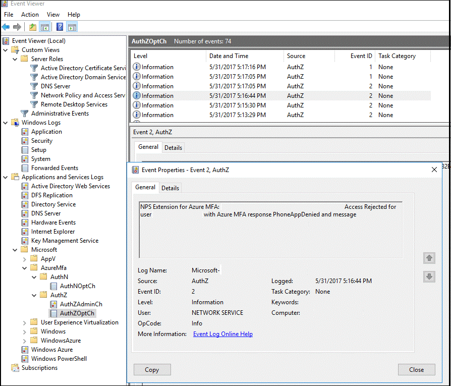 事件查看器中的示例 Microsoft Entra 多重身份验证登录