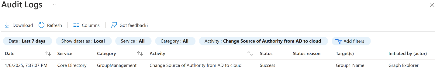 在审核日志中更改组属性的屏幕截图。