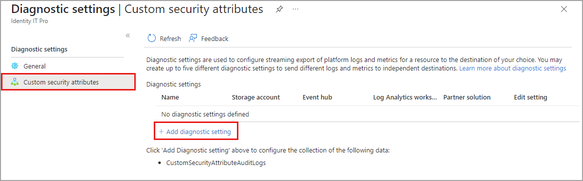 诊断设置的自定义安全属性页的屏幕截图。