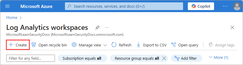 “Log Analytics 工作区”页面中的“创建”按钮的屏幕截图。