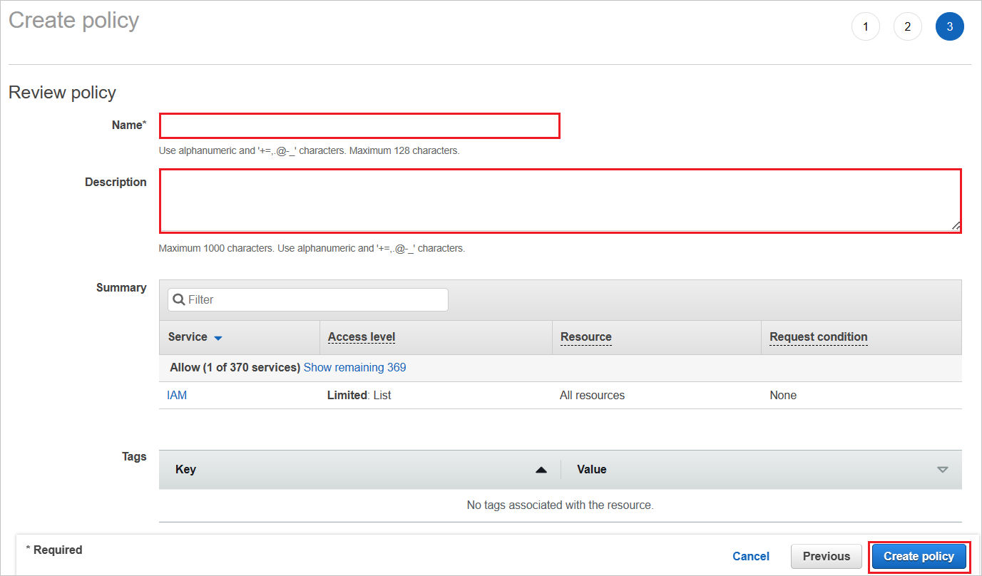 “创建策略”页的屏幕截图，其中突出显示了“名称和说明”字段。